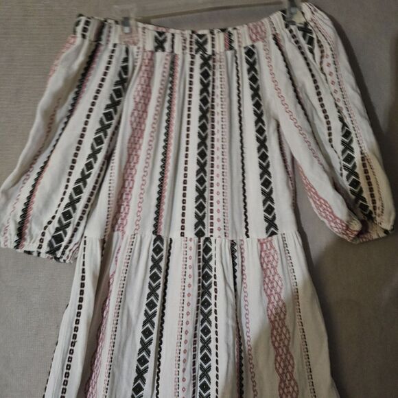 Boho Hippie Tiered Midi Dress Size Small Off Cold Shoulder Puff Sleeves Comfort - Picture 3 of 9